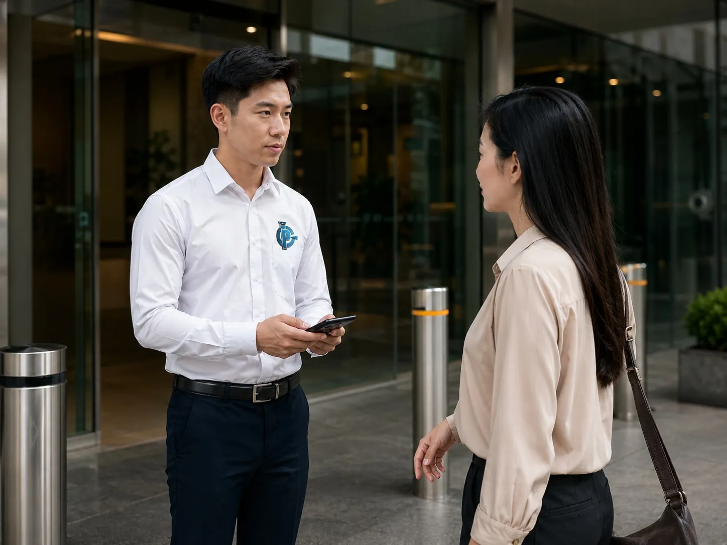 Security officer assisting visitor