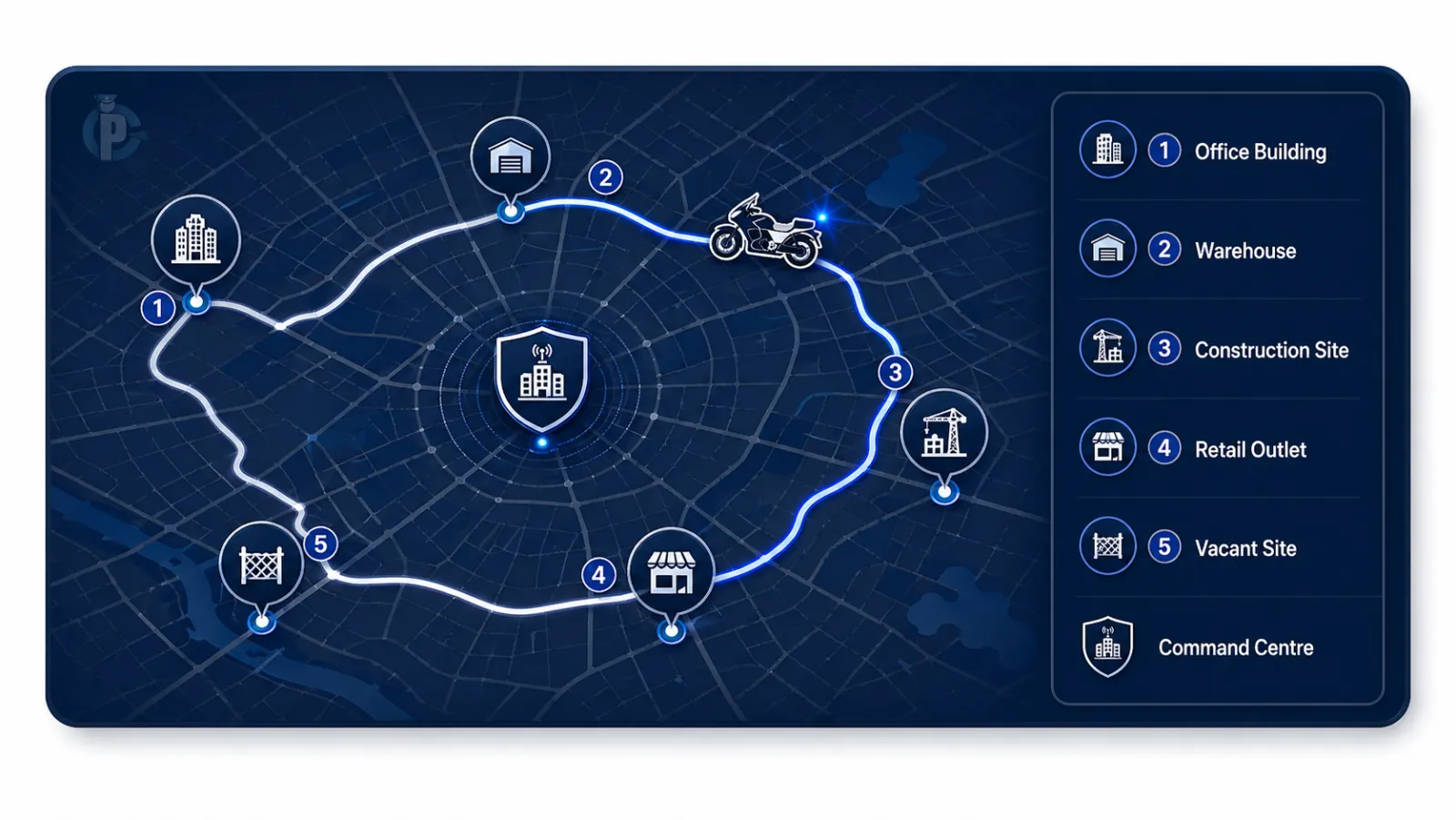Multi-site patrol route showing five numbered sites and command centre on a dark map