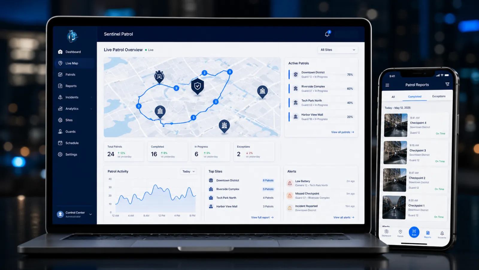 Sentinel Patrol live dashboard on laptop with mobile patrol reports