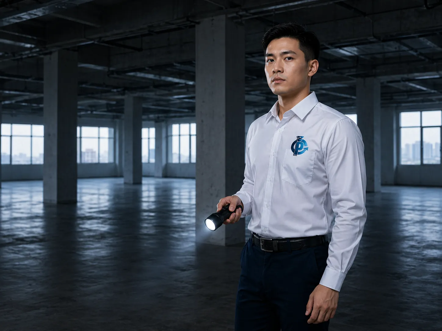Security officer with flashlight inspecting a vacant building