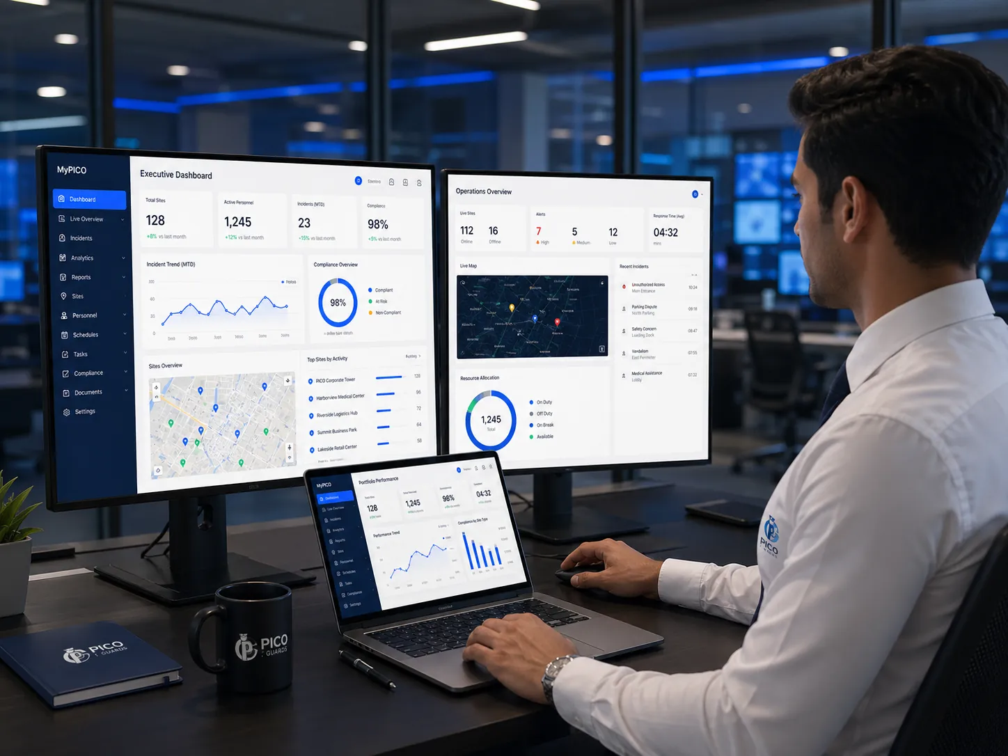 MyPICO executive dashboards on dual monitors